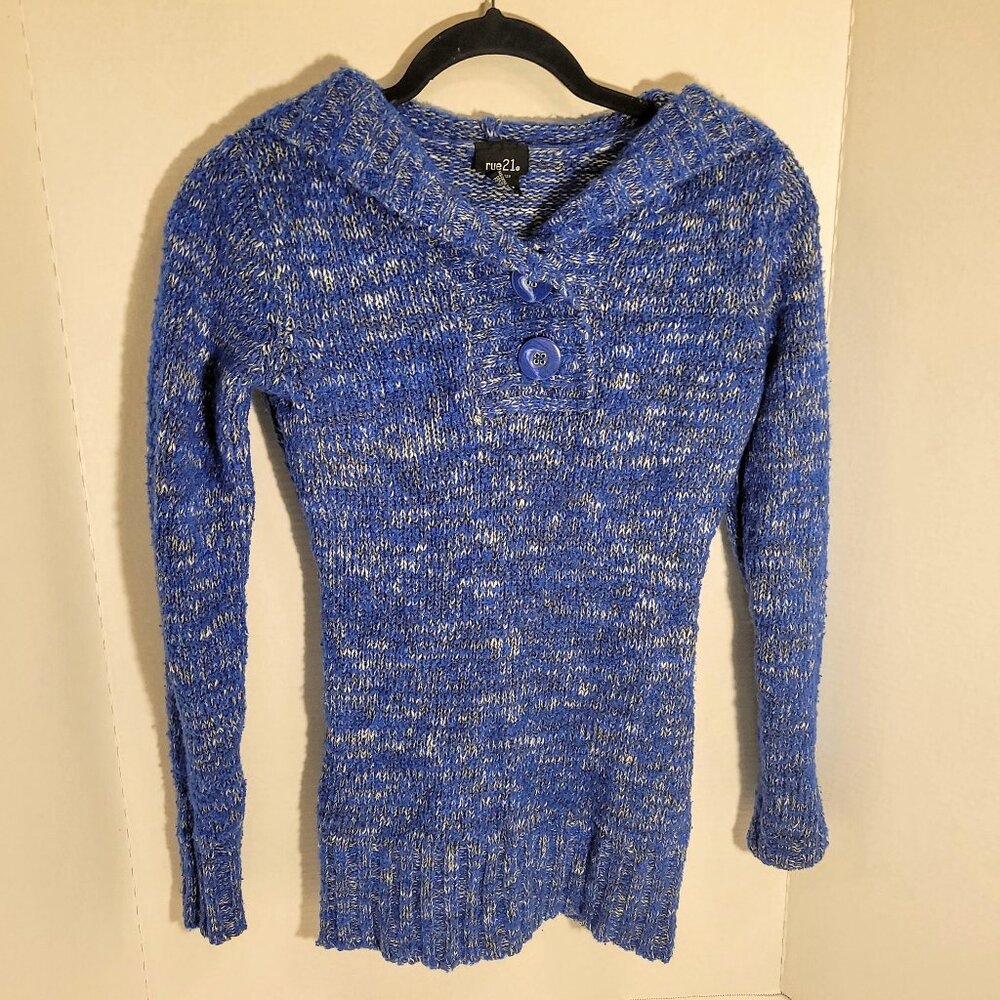 Rue 21 Women's Sz S Blue Marbled Hooded Long Sleeve Sweater with Buttons
